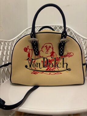 Von Dutch x True Religion Beige Satchel with Red and Gold Logo and Black Trim